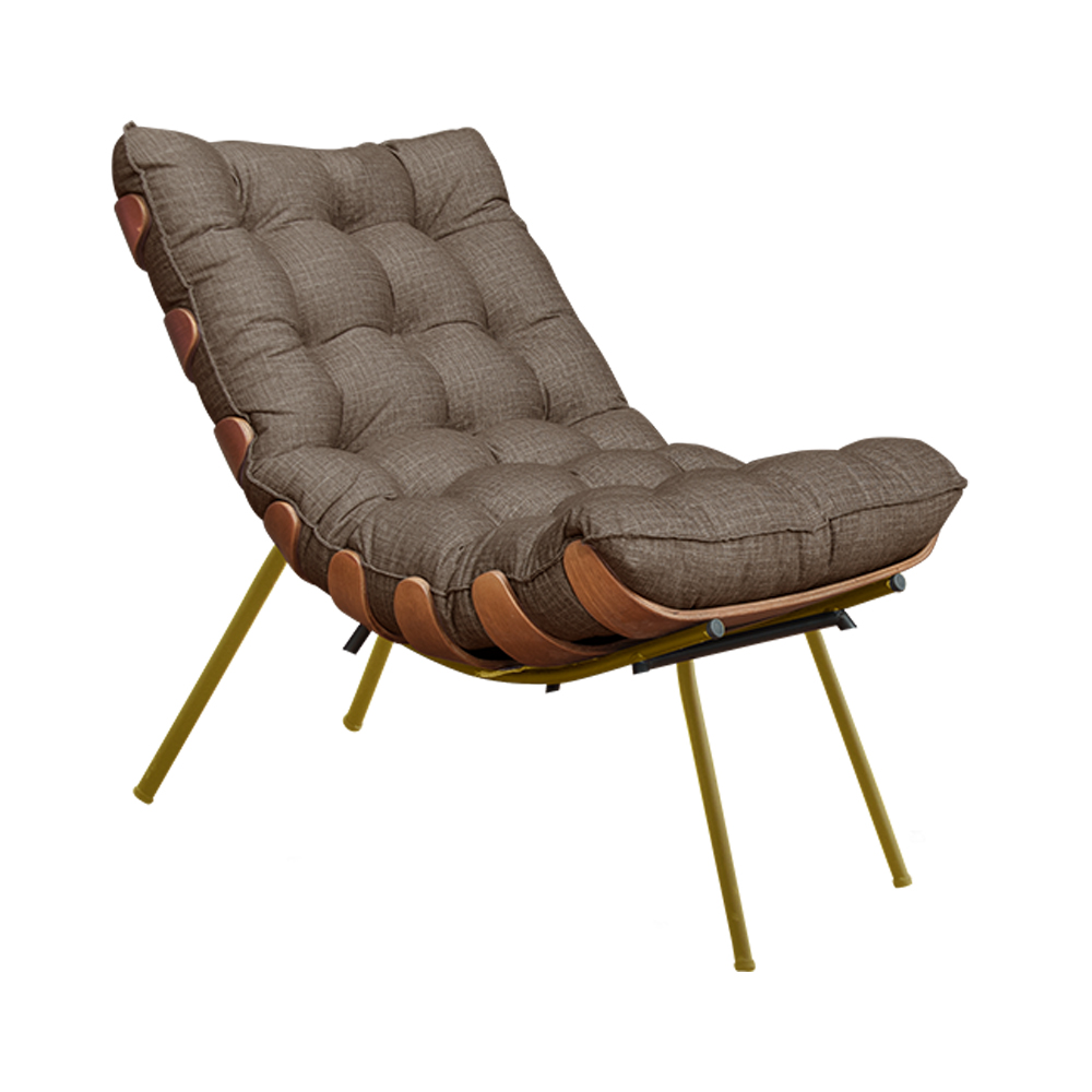 Conjunto Decorativo Poltrona e Puff Abel Base de Madeira Dourada Linho Marrom G41 - Gran Belo