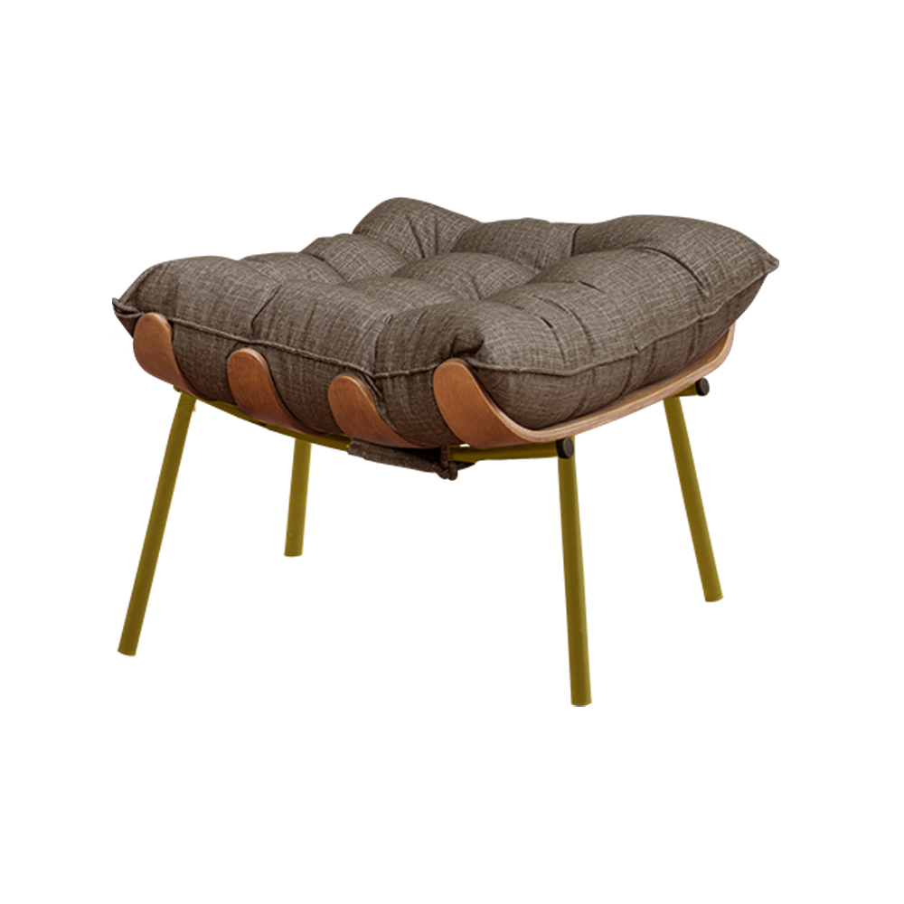 Conjunto Decorativo Poltrona e Puff Abel Base de Madeira Dourada Linho Marrom G41 - Gran Belo