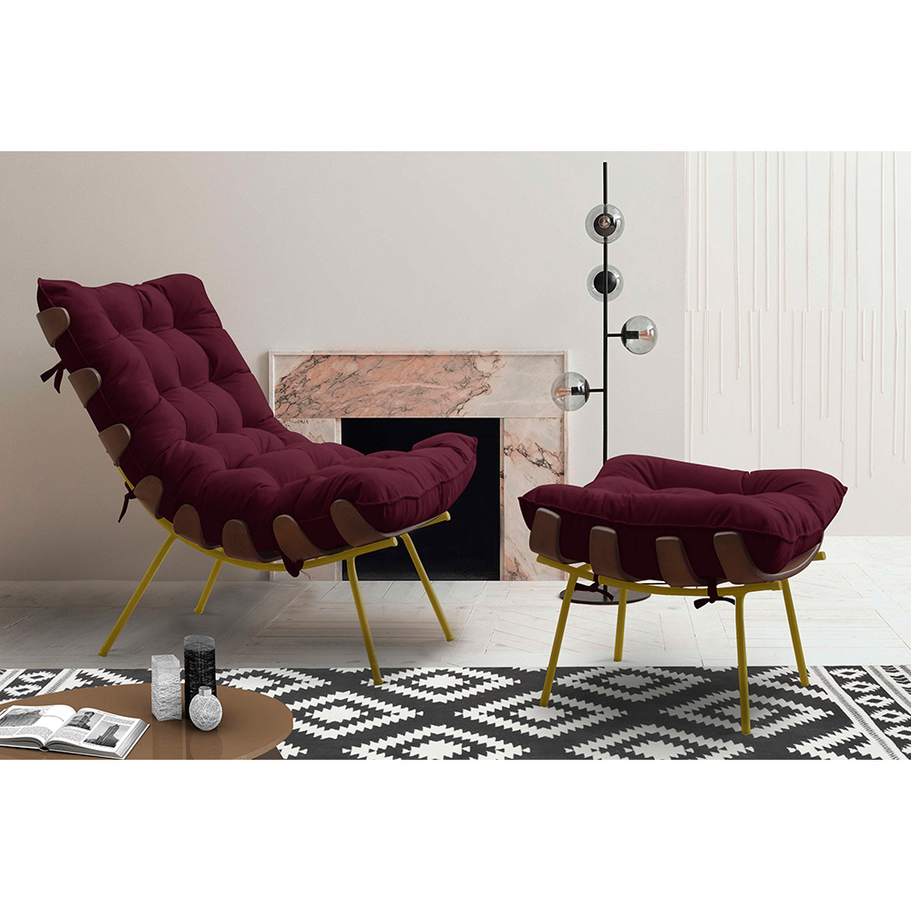 Conjunto Decorativo Poltrona e Puff Abel Base de Madeira Dourada Suede Bordô G41 - Gran Belo