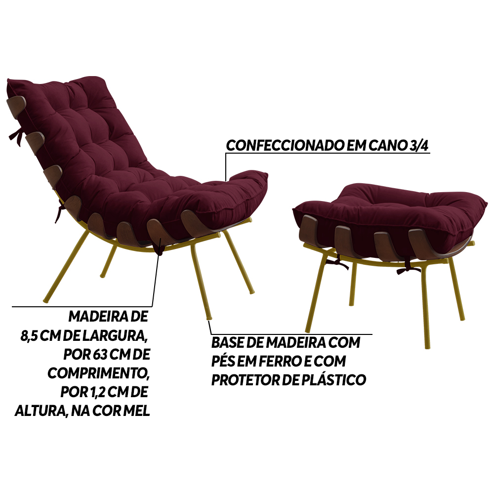 Conjunto Decorativo Poltrona e Puff Abel Base de Madeira Dourada Suede Bordô G41 - Gran Belo