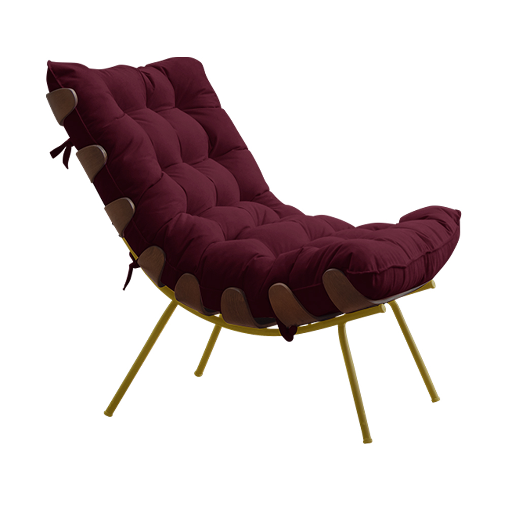 Conjunto Decorativo Poltrona e Puff Abel Base de Madeira Dourada Suede Bordô G41 - Gran Belo