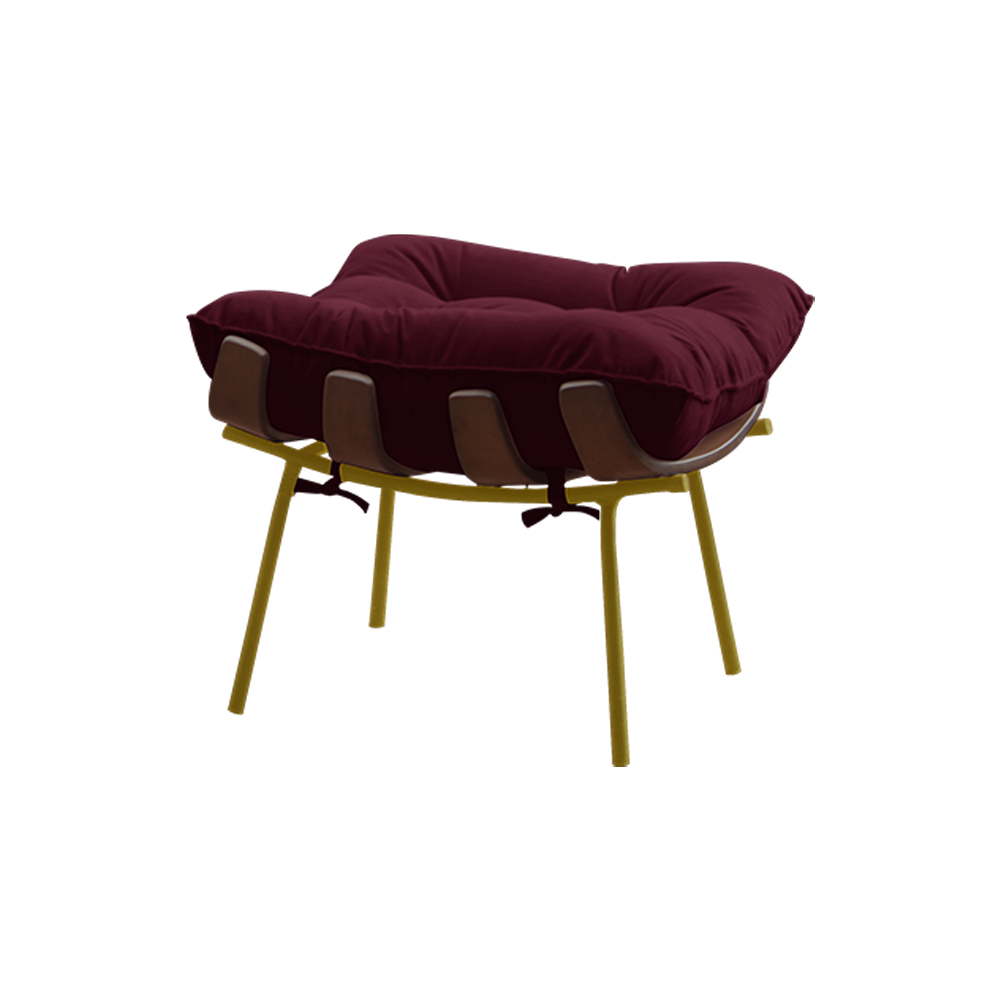 Conjunto Decorativo Poltrona e Puff Abel Base de Madeira Dourada Suede Bordô G41 - Gran Belo