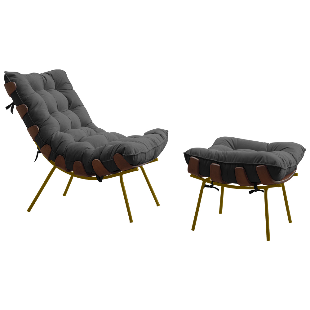 Conjunto Decorativo Poltrona e Puff Abel Base de Madeira Dourada Suede Cinza - Gran Belo