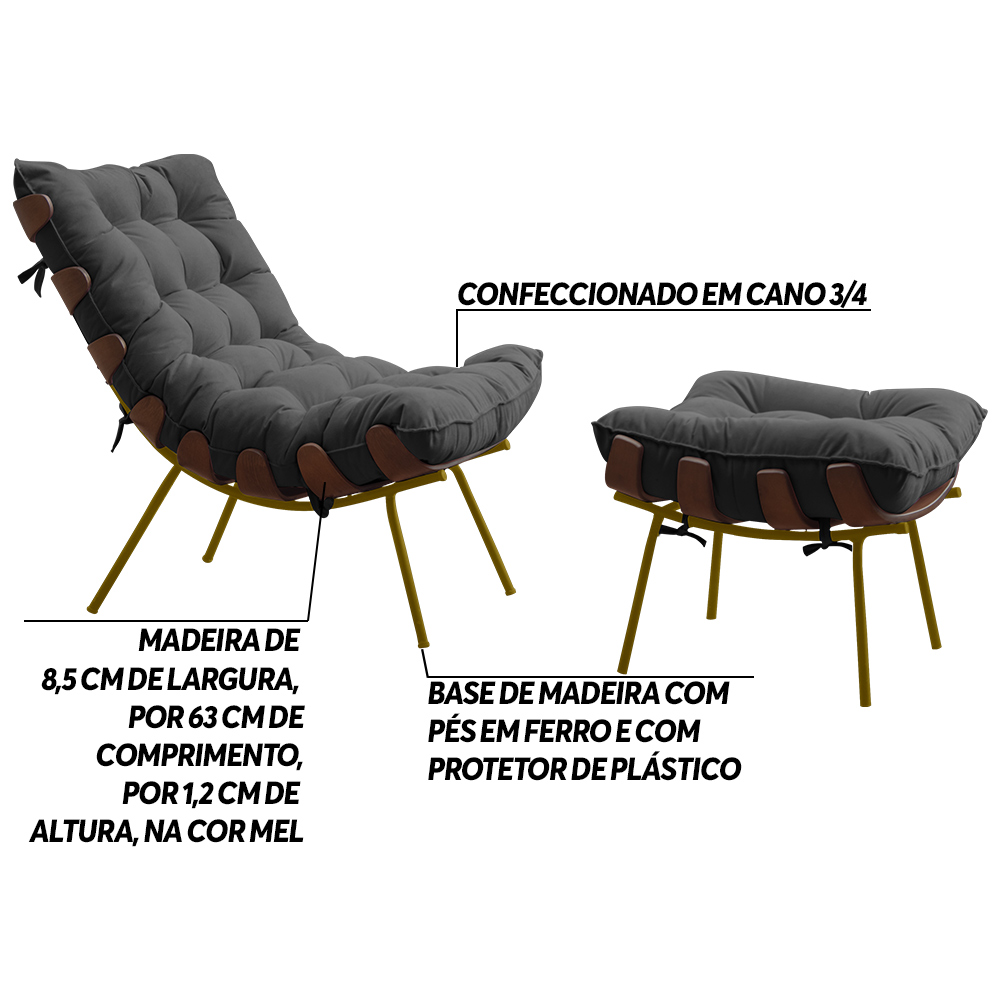 Conjunto Decorativo Poltrona e Puff Abel Base de Madeira Dourada Suede Cinza - Gran Belo