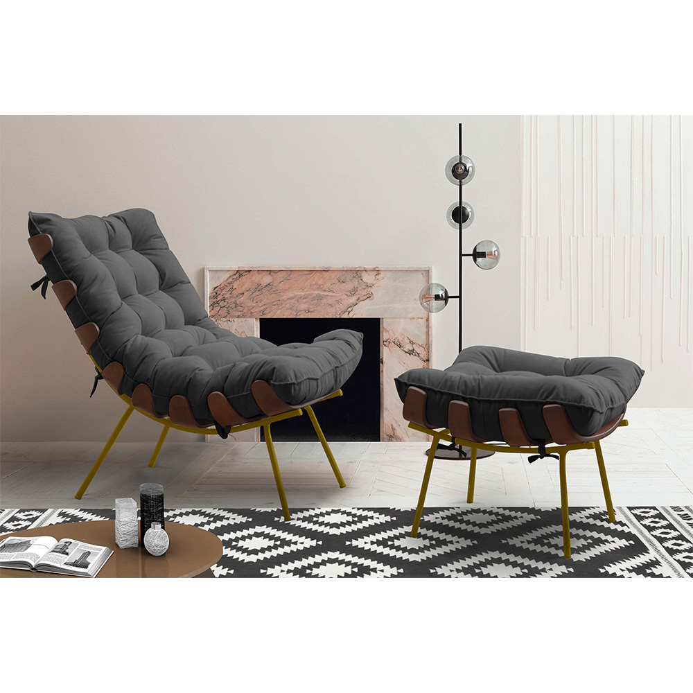 Conjunto Decorativo Poltrona e Puff Abel Base de Madeira Dourada Suede Cinza - Gran Belo