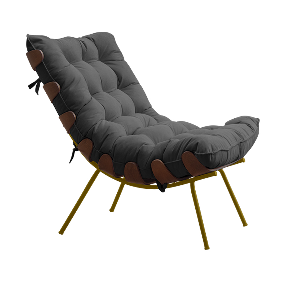 Conjunto Decorativo Poltrona e Puff Abel Base de Madeira Dourada Suede Cinza - Gran Belo