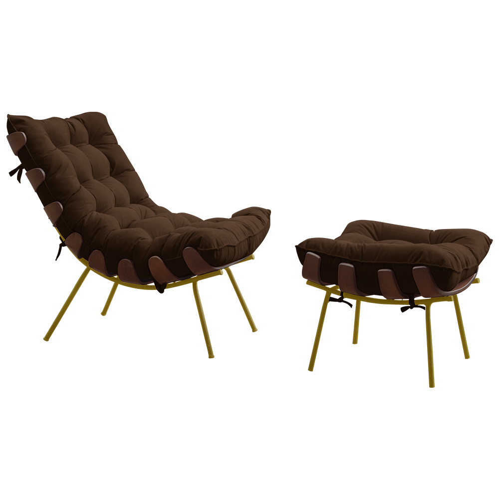 Conjunto Decorativo Poltrona e Puff Abel Base de Madeira Dourada Suede Marrom G41 - Gran Belo