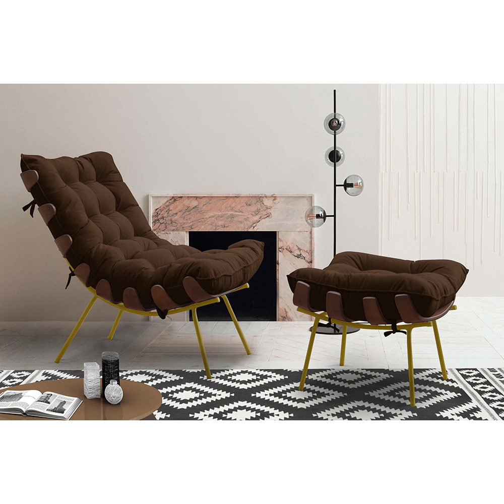 Conjunto Decorativo Poltrona e Puff Abel Base de Madeira Dourada Suede Marrom G41 - Gran Belo