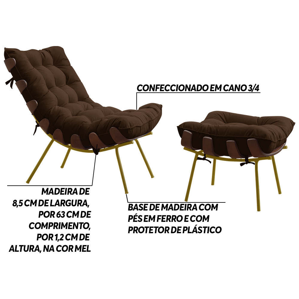Conjunto Decorativo Poltrona e Puff Abel Base de Madeira Dourada Suede Marrom G41 - Gran Belo