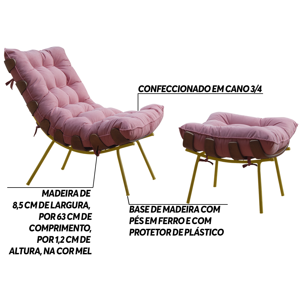 Conjunto Decorativo Poltrona e Puff Abel Base de Madeira Dourada Suede Rosa G41 - Gran Belo