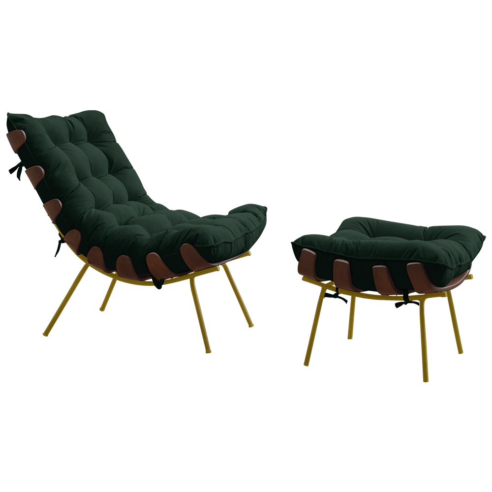 Conjunto Decorativo Poltrona e Puff Abel Base de Madeira Dourada Suede Verde G41 - Gran Belo