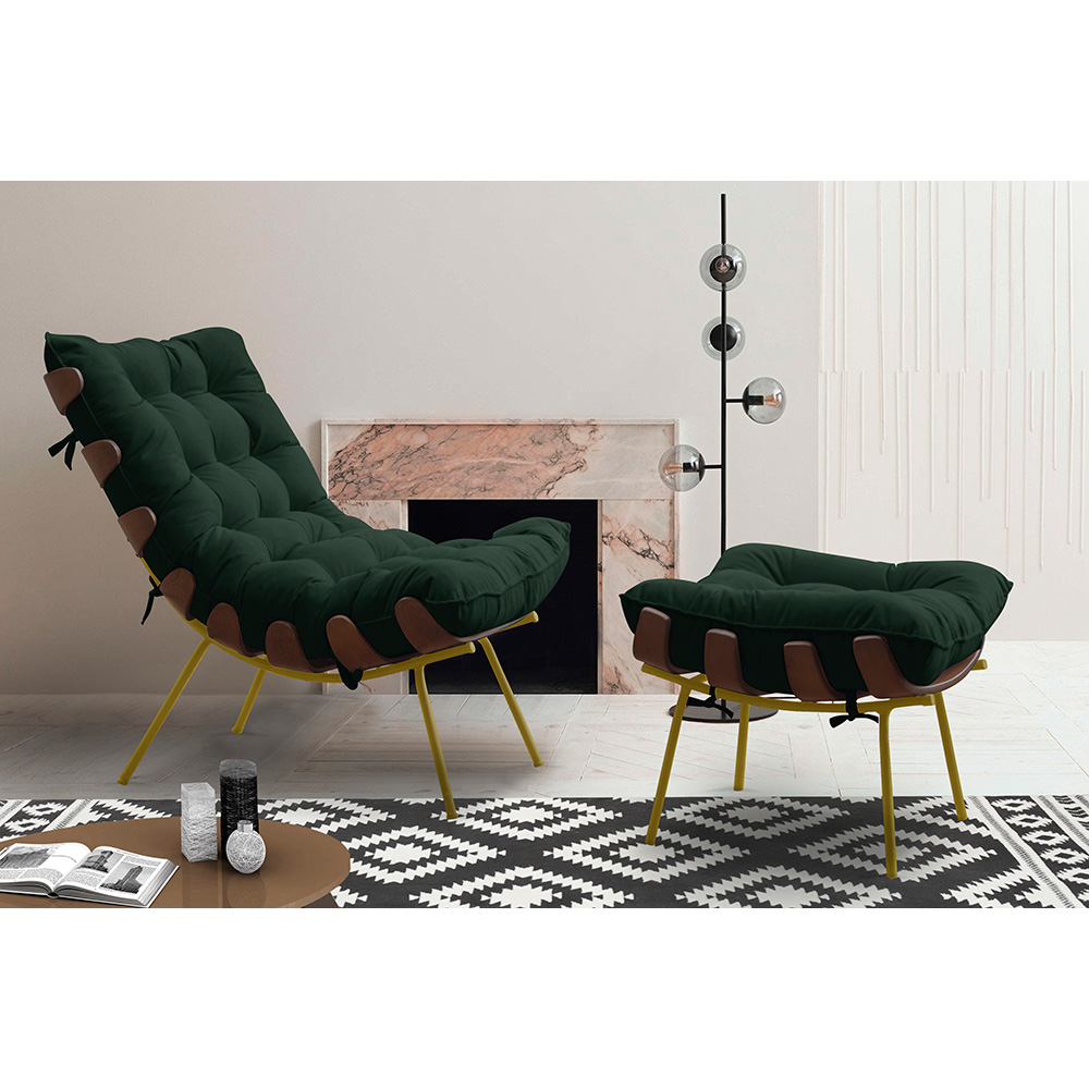 Conjunto Decorativo Poltrona e Puff Abel Base de Madeira Dourada Suede Verde G41 - Gran Belo