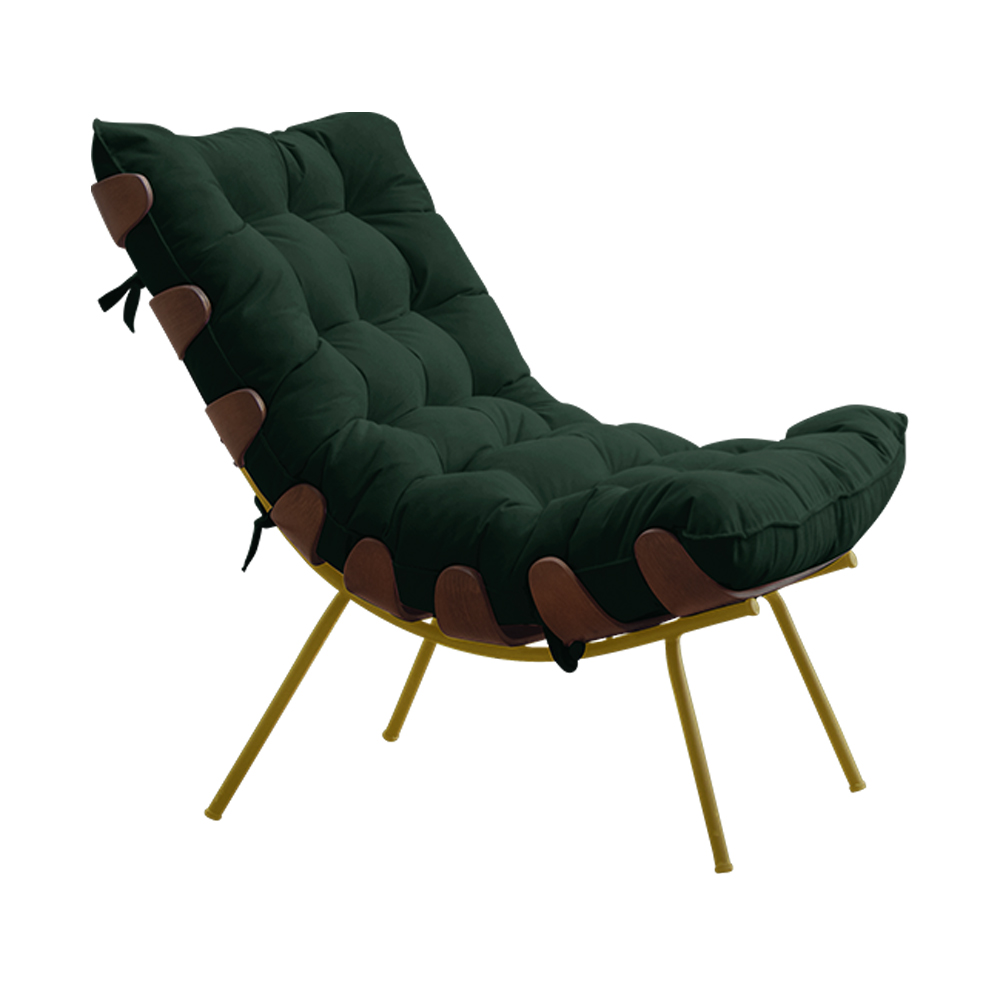Conjunto Decorativo Poltrona e Puff Abel Base de Madeira Dourada Suede Verde G41 - Gran Belo
