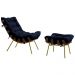 Conjunto Decorativo Poltrona e Puff Abel Base de Madeira Dourada Veludo Azul - Gran Belo