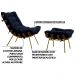 Conjunto Decorativo Poltrona e Puff Abel Base de Madeira Dourada Veludo Azul - Gran Belo
