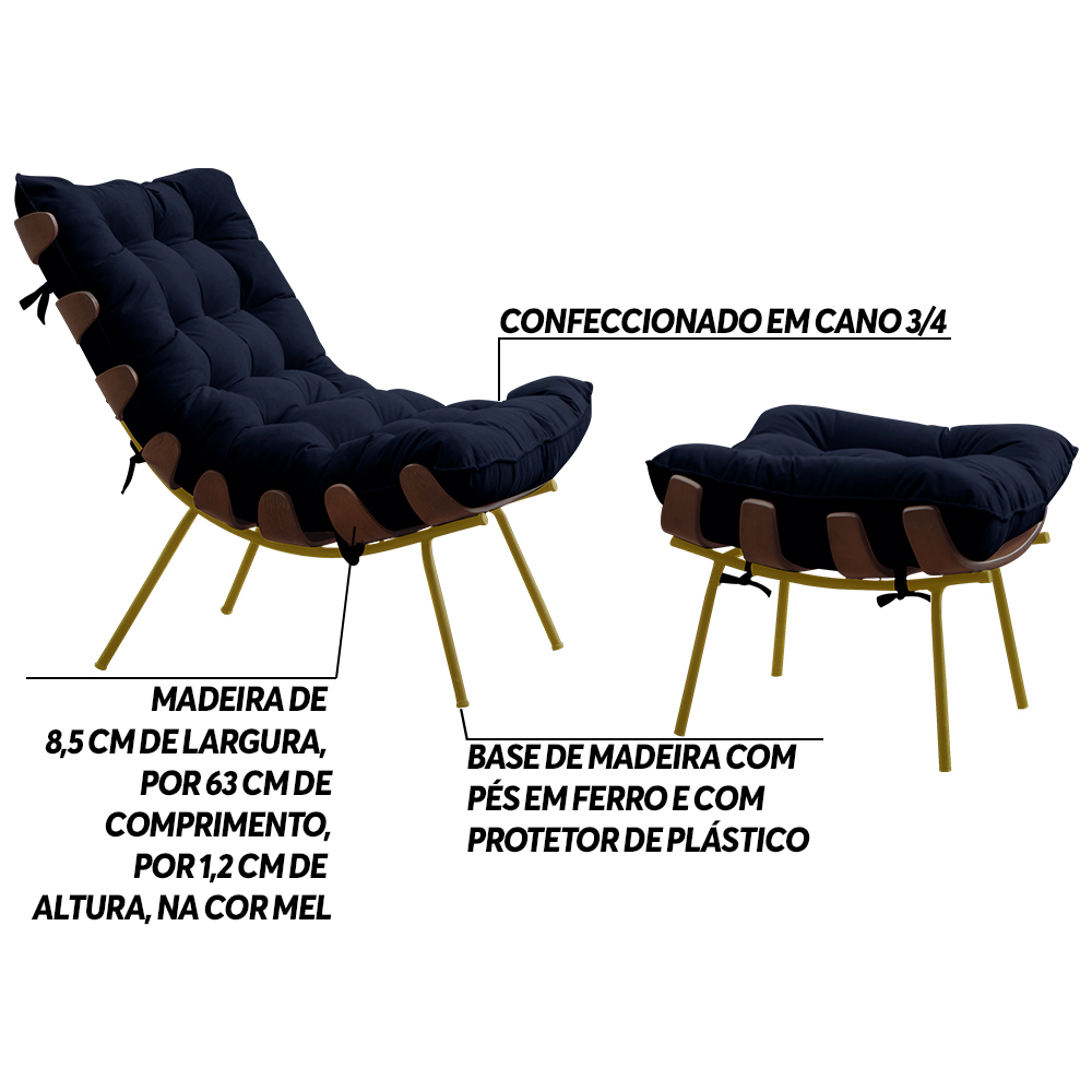 Conjunto Decorativo Poltrona e Puff Abel Base de Madeira Dourada Veludo Azul - Gran Belo