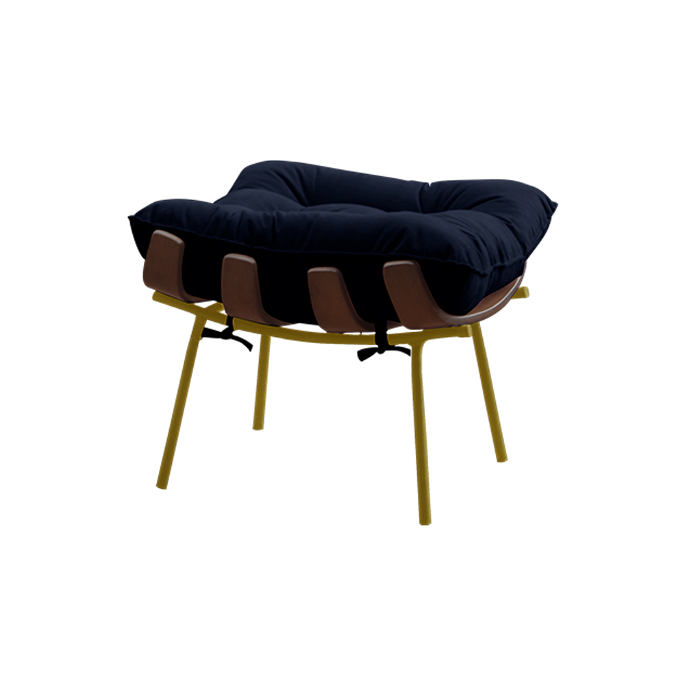 Conjunto Decorativo Poltrona e Puff Abel Base de Madeira Dourada Veludo Azul - Gran Belo