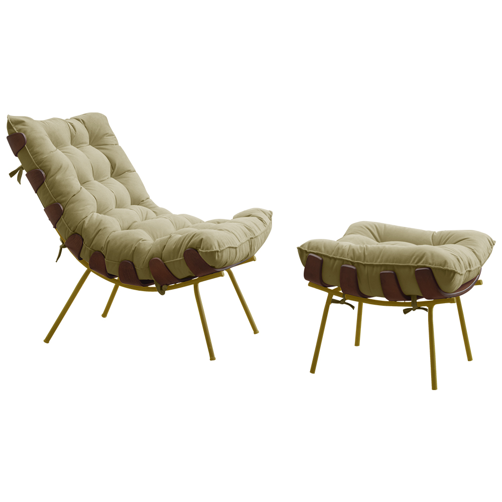 Conjunto Decorativo Poltrona e Puff Abel Base de Madeira Dourada Veludo Bege G41 - Gran Belo