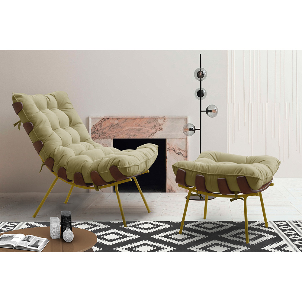 Conjunto Decorativo Poltrona e Puff Abel Base de Madeira Dourada Veludo Bege G41 - Gran Belo