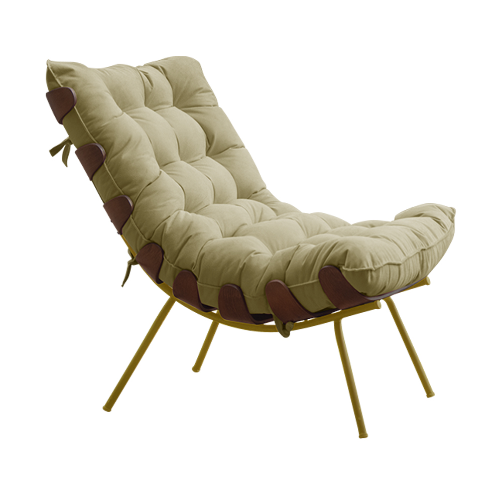 Conjunto Decorativo Poltrona e Puff Abel Base de Madeira Dourada Veludo Bege G41 - Gran Belo