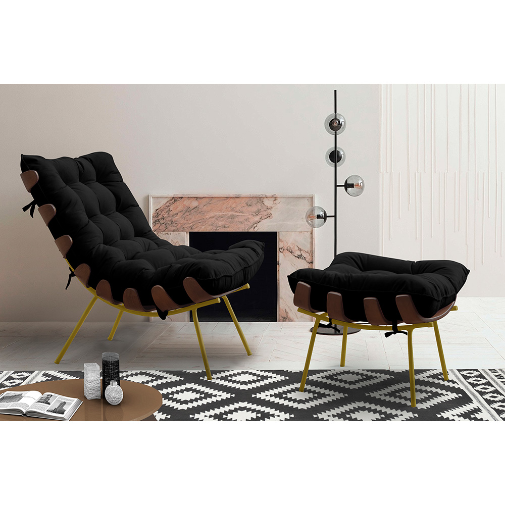 Conjunto Decorativo Poltrona e Puff Abel Base de Madeira Dourada Veludo Preto G41 - Gran Belo