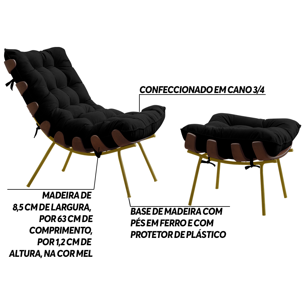 Conjunto Decorativo Poltrona e Puff Abel Base de Madeira Dourada Veludo Preto G41 - Gran Belo