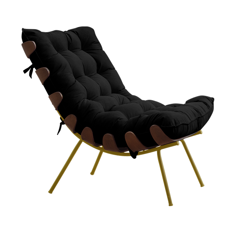 Conjunto Decorativo Poltrona e Puff Abel Base de Madeira Dourada Veludo Preto G41 - Gran Belo