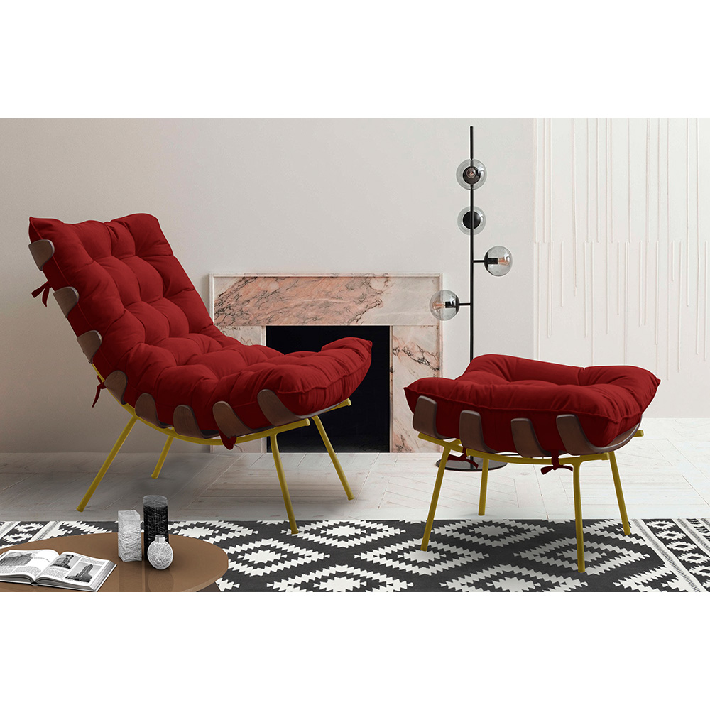 Conjunto Decorativo Poltrona e Puff Abel Base de Madeira Dourada Veludo Vermelho G41 - Gran Belo