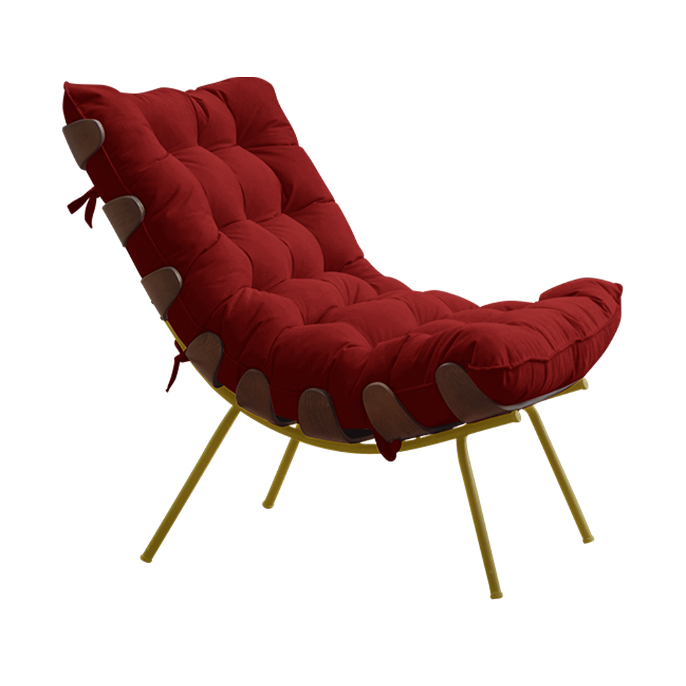 Conjunto Decorativo Poltrona e Puff Abel Base de Madeira Dourada Veludo Vermelho G41 - Gran Belo