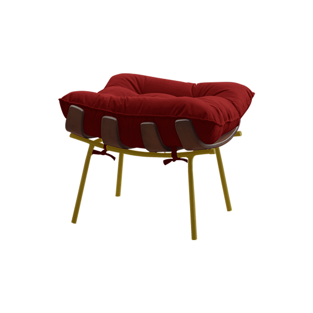 Conjunto Decorativo Poltrona e Puff Abel Base de Madeira Dourada Veludo Vermelho G41 - Gran Belo