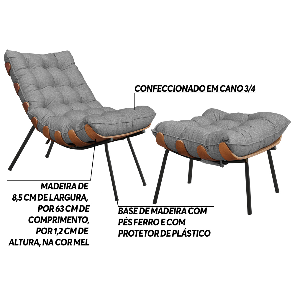 Conjunto Decorativo Poltrona e Puff Abel Base de Madeira Preto Linho Cinza G41 - Gran Belo