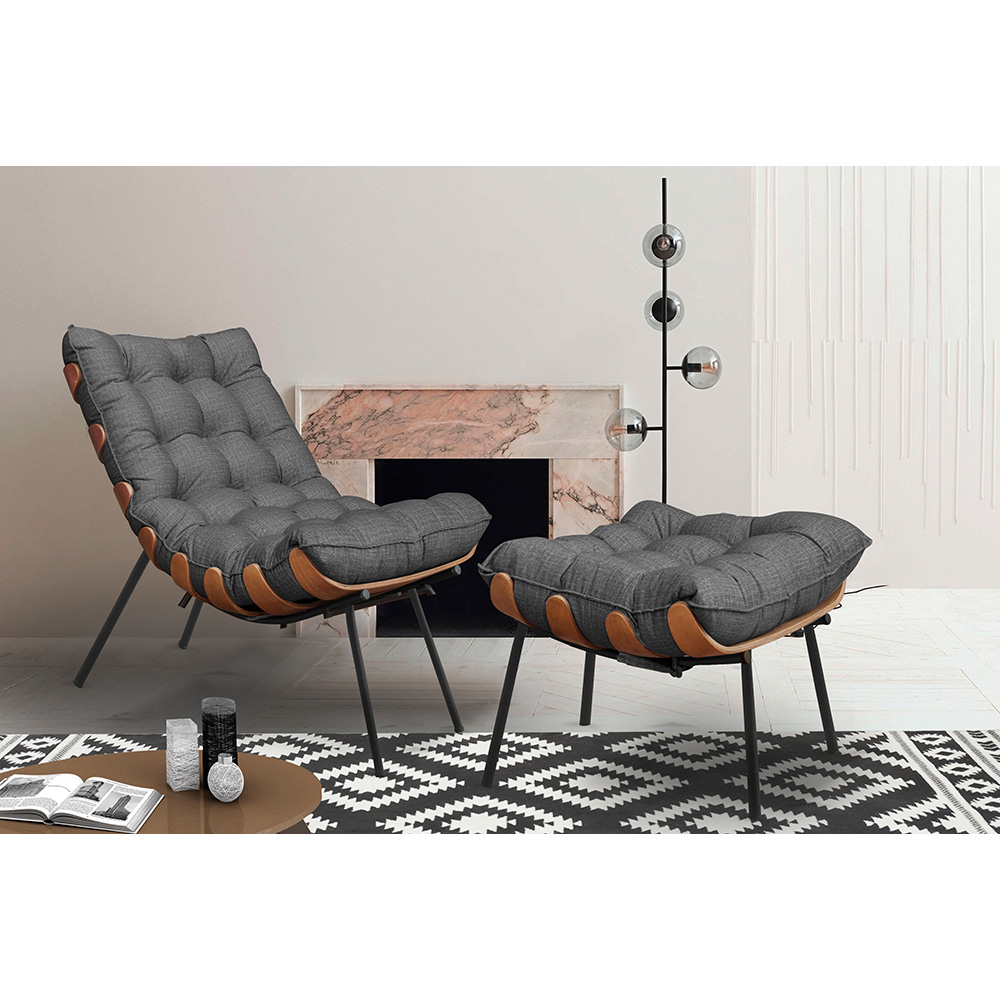 Conjunto Decorativo Poltrona e Puff Abel Base de Madeira Preto Linho Grafite G41 - Gran Belo