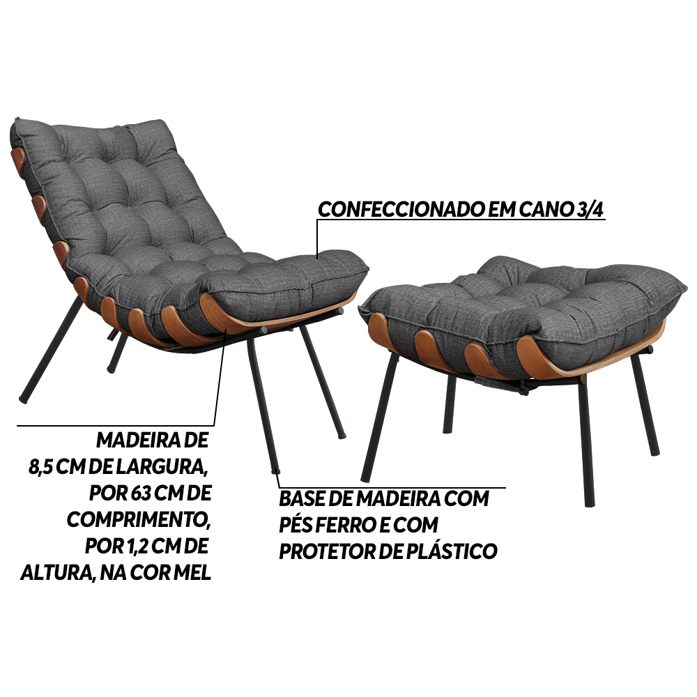 Conjunto Decorativo Poltrona e Puff Abel Base de Madeira Preto Linho Grafite G41 - Gran Belo