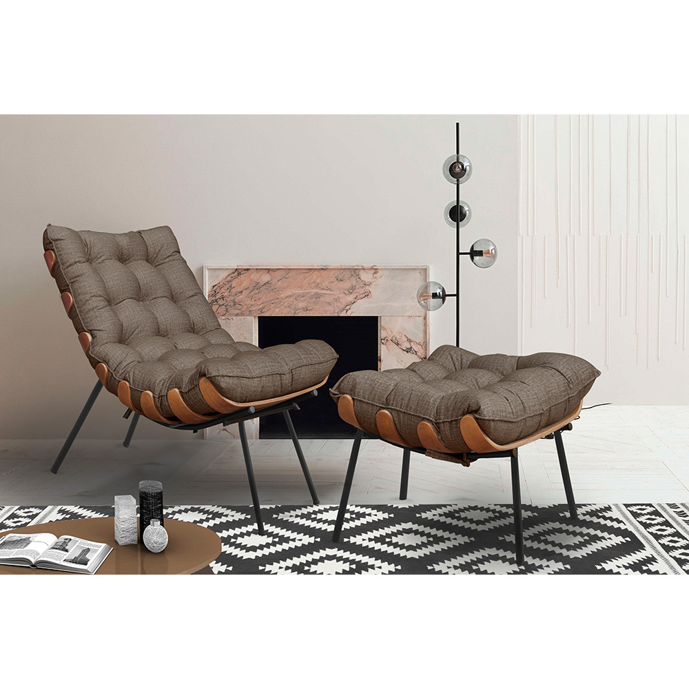 Conjunto Decorativo Poltrona e Puff Abel Base de Madeira Preto Linho Marrom G41 - Gran Belo