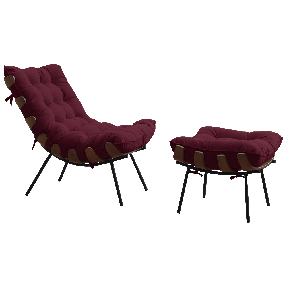 Conjunto Decorativo Poltrona e Puff Abel Base de Madeira Preto Suede Bordô G41 - Gran Belo
