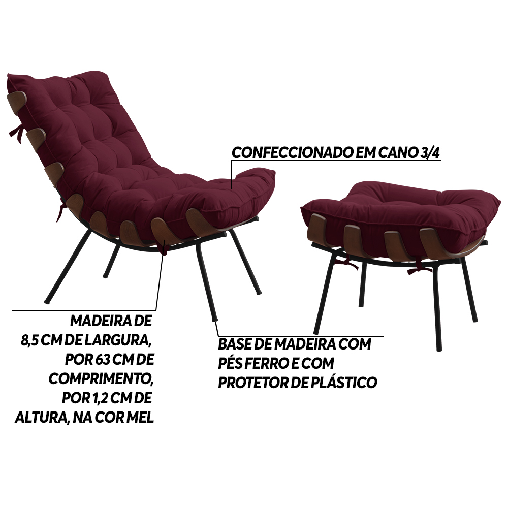 Conjunto Decorativo Poltrona e Puff Abel Base de Madeira Preto Suede Bordô G41 - Gran Belo
