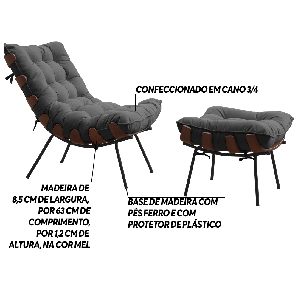 Conjunto Decorativo Poltrona e Puff Abel Base de Madeira Preto Suede Cinza G41 - Gran Belo