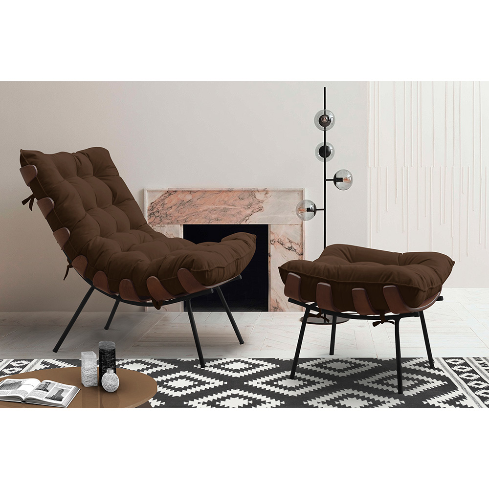 Conjunto Decorativo Poltrona e Puff Abel Base de Madeira Preto Suede Marrom G41 - Gran Belo