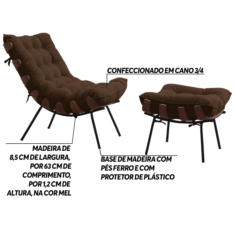 Conjunto Decorativo Poltrona e Puff Abel Base de Madeira Preto Suede Marrom G41 - Gran Belo