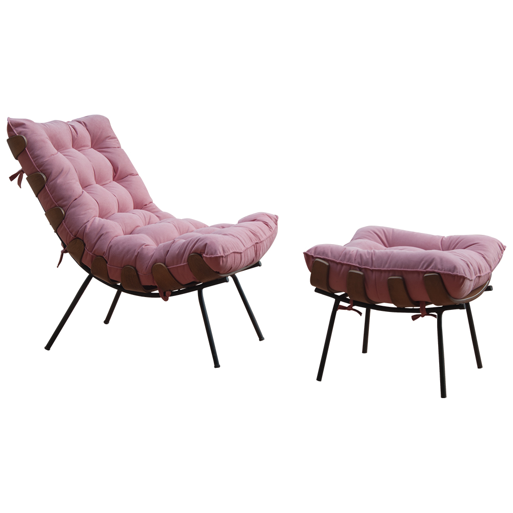 Conjunto Decorativo Poltrona e Puff Abel Base de Madeira Preto Suede Rosa G41 - Gran Belo