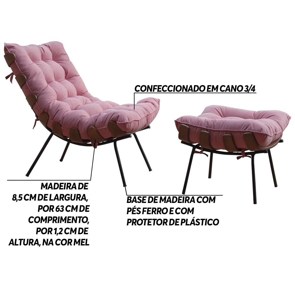 Conjunto Decorativo Poltrona e Puff Abel Base de Madeira Preto Suede Rosa G41 - Gran Belo