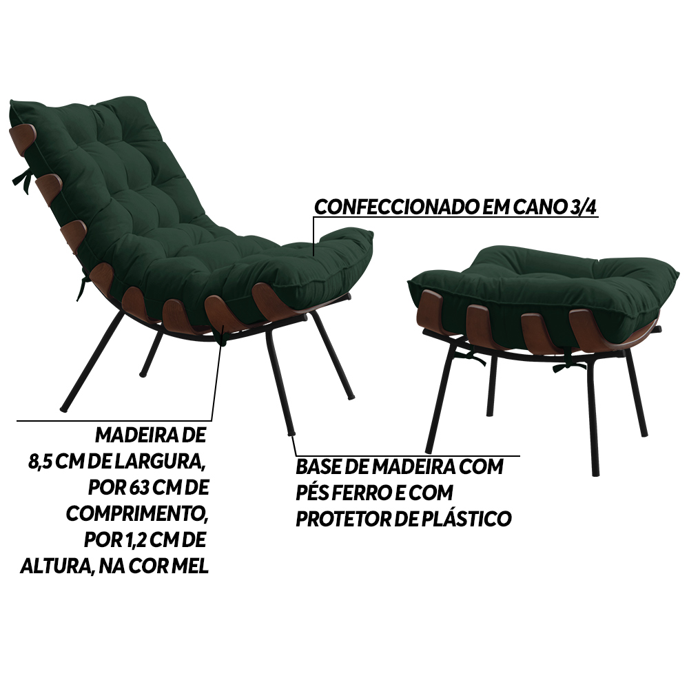 Conjunto Decorativo Poltrona e Puff Abel Base de Madeira Preto Suede Verde G41 - Gran Belo