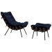 Conjunto Decorativo Poltrona e Puff Abel Base de Madeira Preto Veludo Azul G41 - Gran Belo
