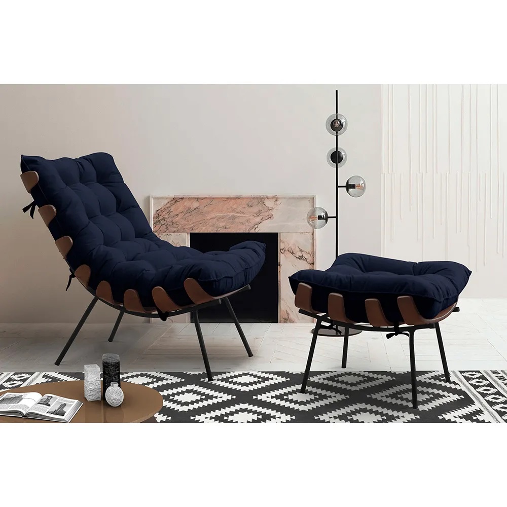 Conjunto Decorativo Poltrona e Puff Abel Base de Madeira Preto Veludo Azul G41 - Gran Belo