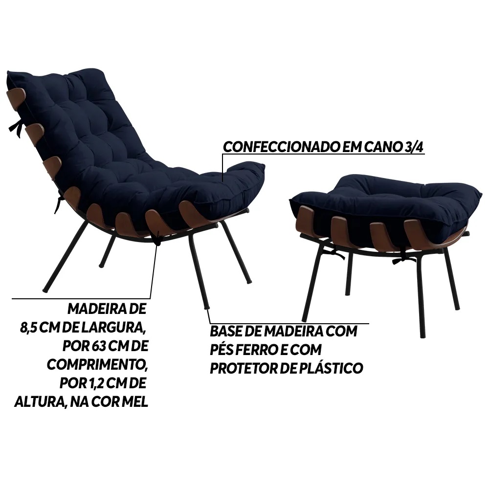 Conjunto Decorativo Poltrona e Puff Abel Base de Madeira Preto Veludo Azul G41 - Gran Belo