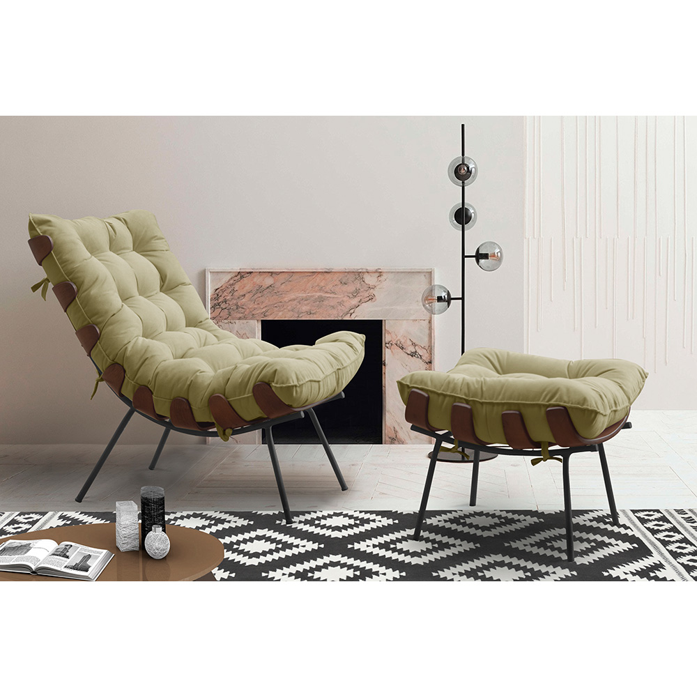 Conjunto Decorativo Poltrona e Puff Abel Base de Madeira Preto Veludo Bege G41 - Gran Belo