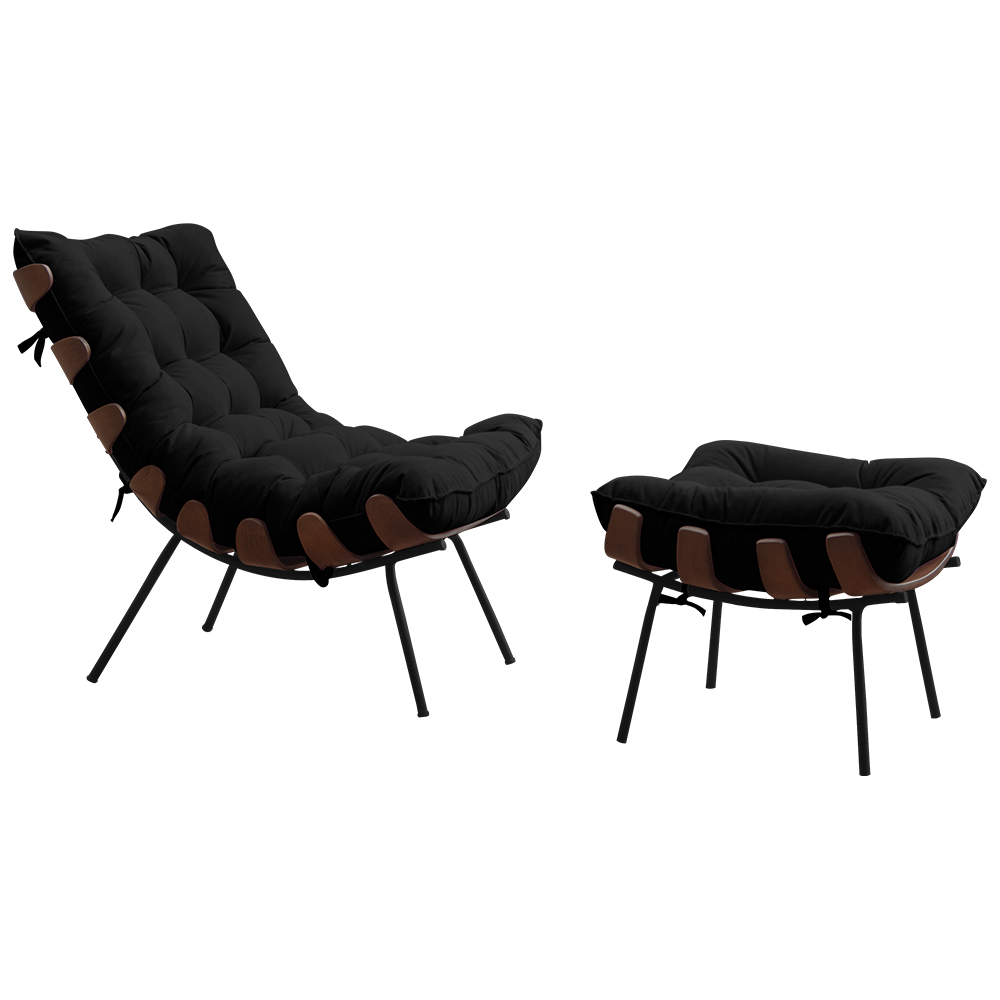 Conjunto Decorativo Poltrona e Puff Abel Base de Madeira Preto Veludo Preto G41 - Gran Belo