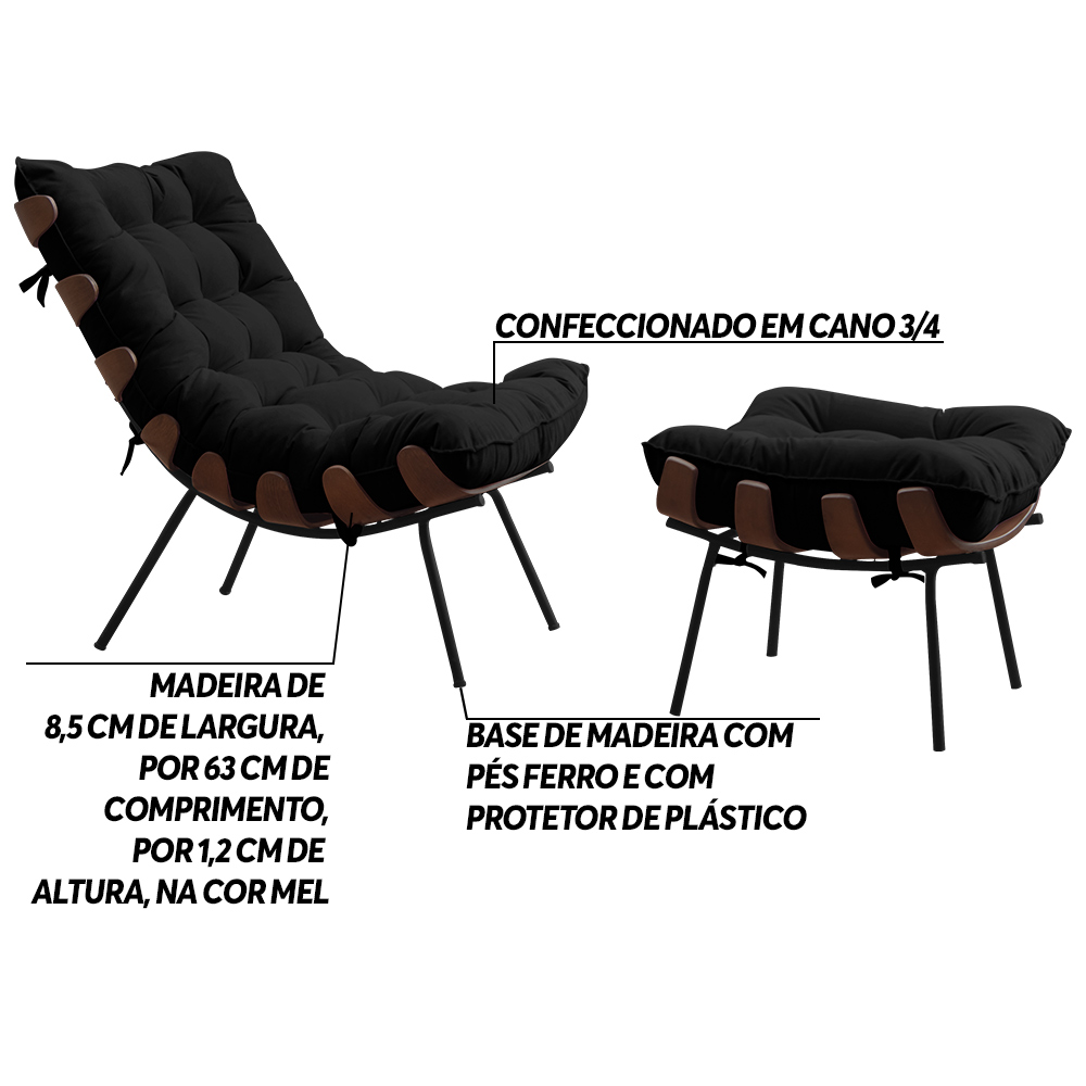 Conjunto Decorativo Poltrona e Puff Abel Base de Madeira Preto Veludo Preto G41 - Gran Belo