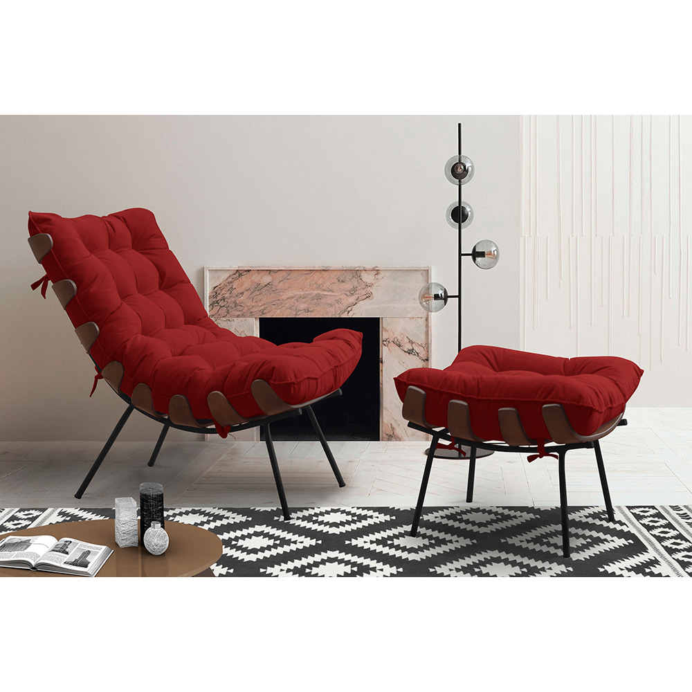Conjunto Decorativo Poltrona e Puff Abel Base de Madeira Preto Veludo Vermelho G41 - Gran Belo