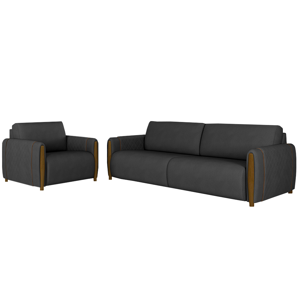Conjunto Decorativo Poltrona e Sofá 223cm Maceió PU Preto G45 - Gran Belo